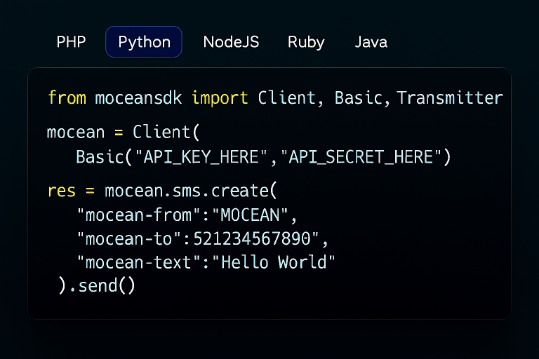 Example of Python code integrating Mocean’s SMS API for instant messaging in Mexico